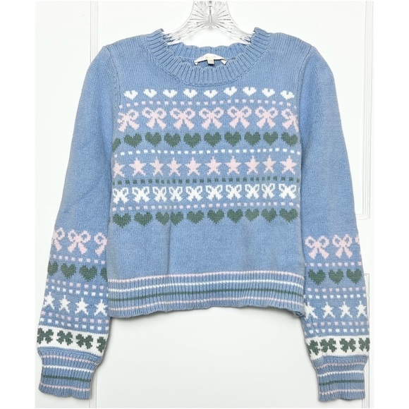 LOVESHACKFANCY 90s Pastel Heart Bow Fair Isle Knit Pullover Cropped Sweater XL - Picture 9 of 16